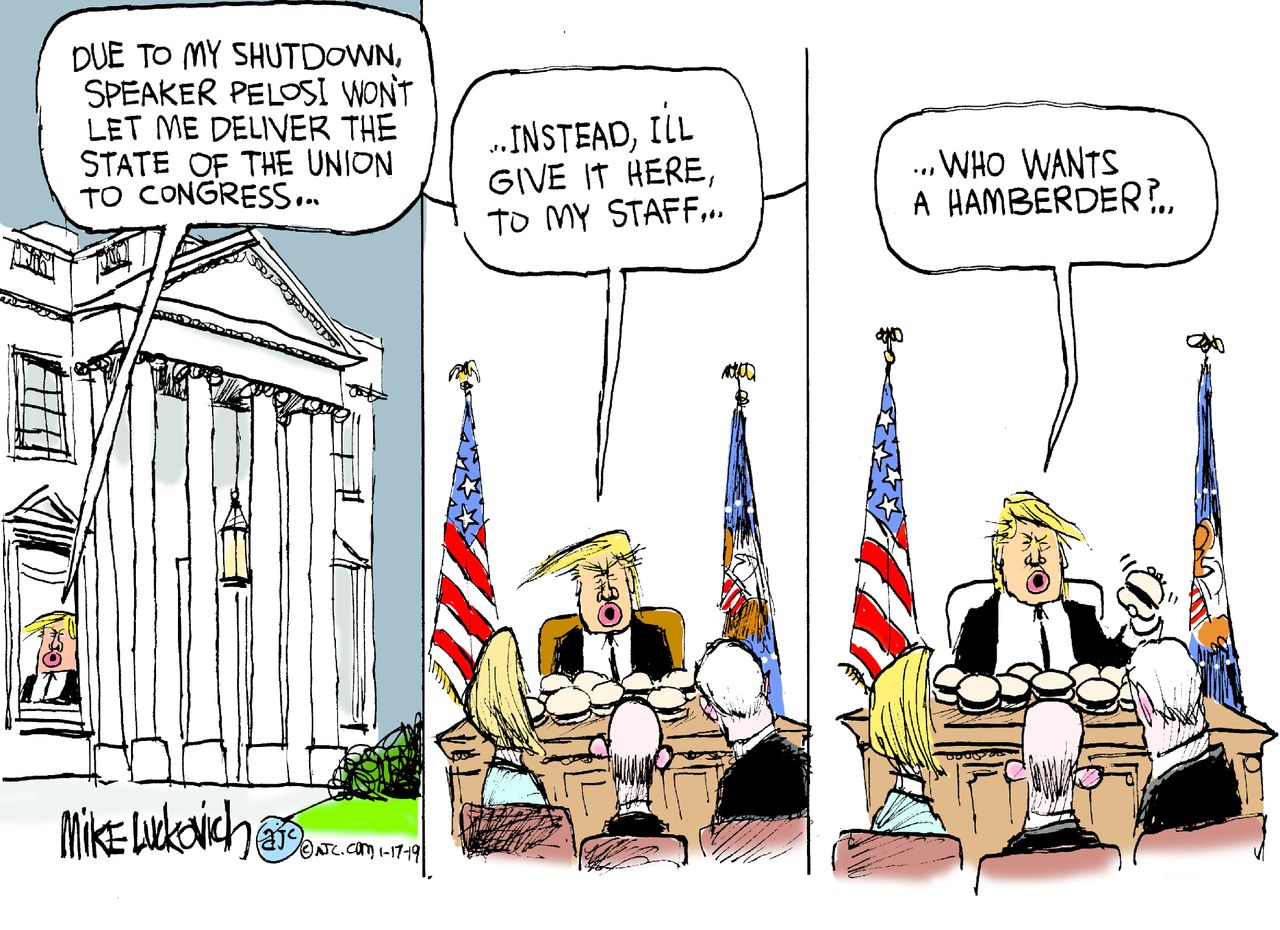 Political cartoon U.S. Trump shutdown state of the union hamburgers&amp;amp;nbsp;