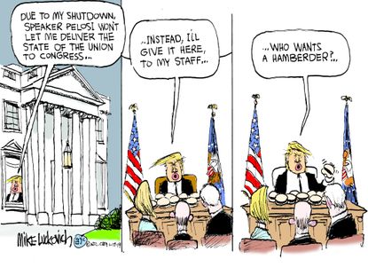 Political cartoon U.S. Trump shutdown state of the union hamburgers&nbsp;