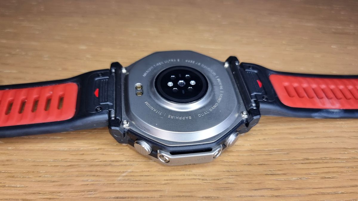 a close-up picture of the heart rate sensor in the Amazfit T-Rex Ultra 2 smartwatch