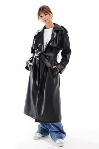 ASOS DESIGN leather look trench coat in black