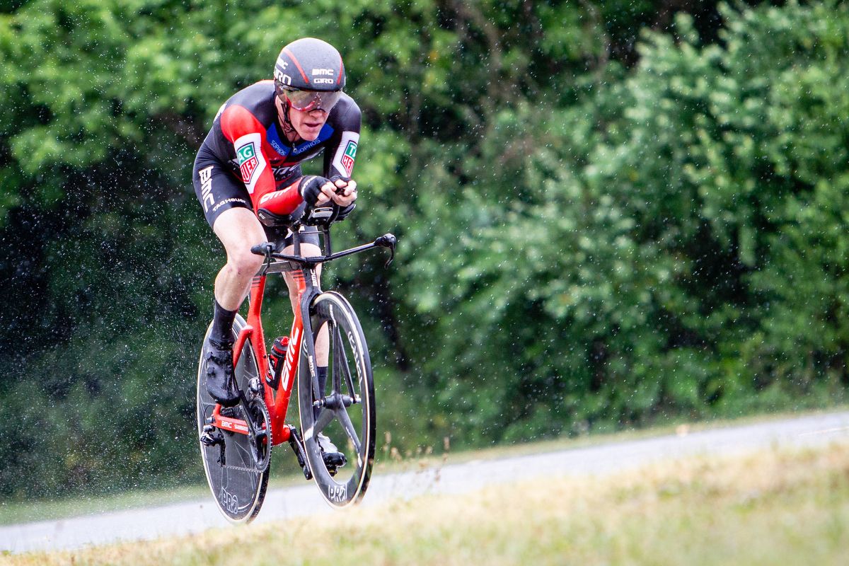 Brent Bookwalter rides through the rain during the 2018 US pro time trial