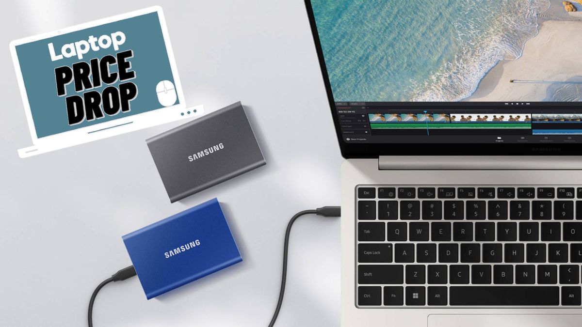 Two Samsung portable SSD T7 external drives in blue and gray connected to a laptop on a desk