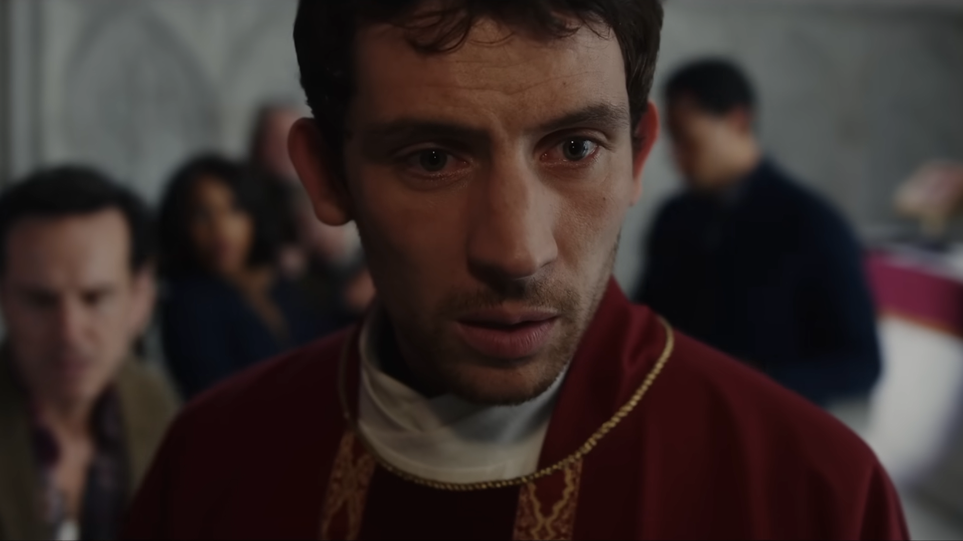 Josh O&#039;Connor as Rev. Jud Duplenticy in Wake Up Dead Man: A Knives Out Mystery