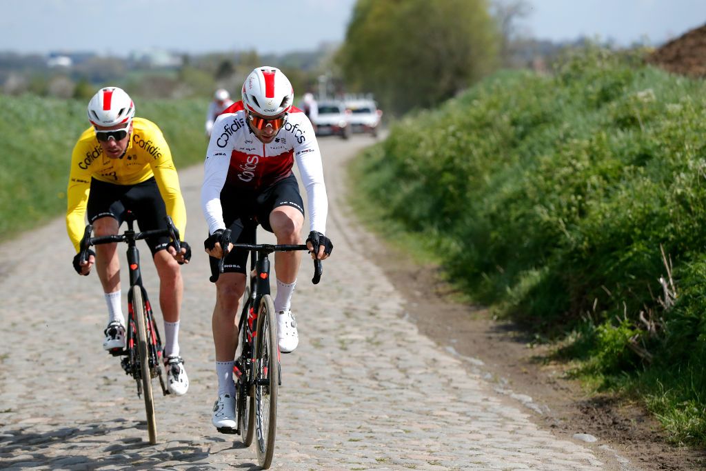 ROUBAIX FRANCE APRIL 14LR Kenneth Vanbilsen of Belgium and Piet Allegaert of Belgium and Team Cofidis train during the 119th ParisRoubaix 2022 Training ParisRoubaix WorldTour on April 14 2022 in Roubaix France Photo by Bas CzerwinskiGetty Images