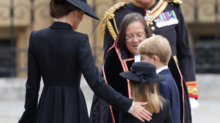 Catherine, Princess of Wales, Princess Charlotte of Wales and Prince George of Wales arrive at The State Funeral Of Queen Elizabeth II at Westminster Abbey on September 19, 2022 in London, England. Elizabeth Alexandra Mary Windsor was born in Bruton Street, Mayfair, London on 21 April 1926