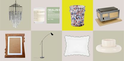 collage of Gustaf Westman cup, candle, speckled glass, japanese grill, floor lamp, sculptural wooden frame, decorative pillow, and chandelier