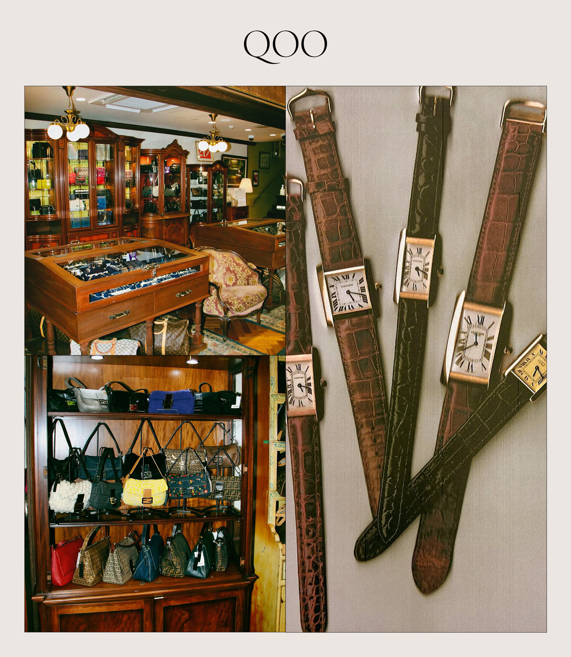 Collage of interiors at QOO in Tokyo.