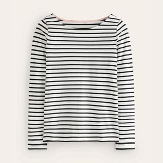 A cutout of a striped Breton top from Boden against a pale background