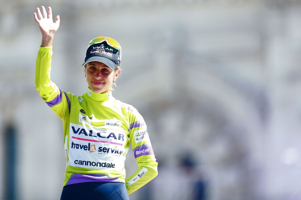 MADRID SPAIN SEPTEMBER 11 Silvia Persico of Italy and Team Valcar Travel Service Green Points Jersey celebrates at podium during the 8th Ceratizit Challenge By La Vuelta 2022 Stage 5 a 957km stage from Madrid to Madrid CERATIZITChallenge22 UCIWWT on on September 11 2022 in Madrid Spain Photo by Gonzalo Arroyo MorenoGetty Images
