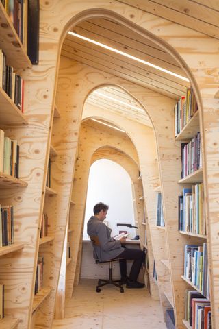 unusual Loft extension ideas: a wooden library with curved ceilings, and a man sitting at the end reading