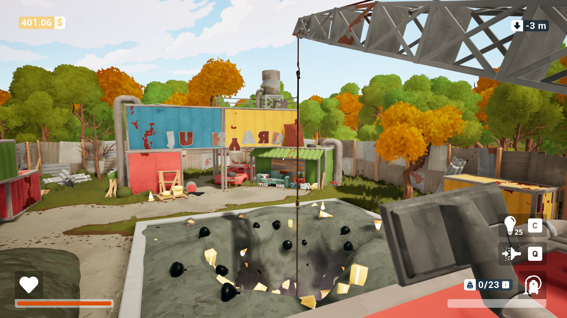 A crane reaching into a large trash pit in a colorful yet defunct junkyard, from videogame One Man&#039;s Trash.