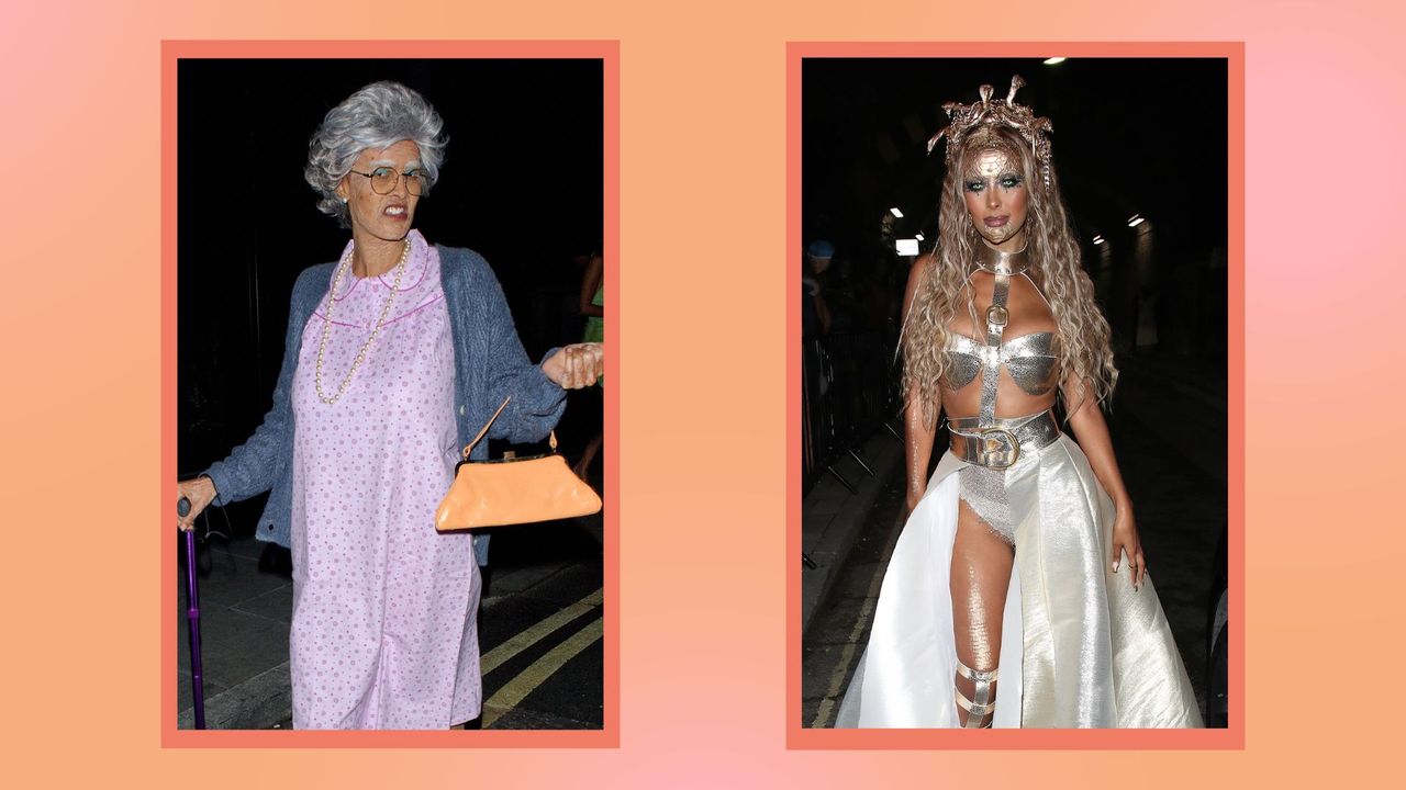 Maya Jama&#039;s Halloween costumes for her annual Halloween party/ we see Maya dressed up as as a grandma and Medusa/ in an orange template