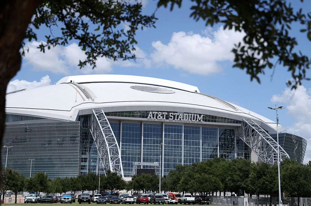 AT&T Stadium: ARLINGTON, TEXAS - JUNE 22: General view outside the stadium, home of the Dallas Cowboys and host venue for the FIFA World Cup 2026,  ahead of the CONCACAF Gold Cup Group D match between United States and Haiti at AT&amp;T Stadium on June 22, 2025 in Arlington, Texas. (Photo by Catherine Ivill - AMA/Getty Images)