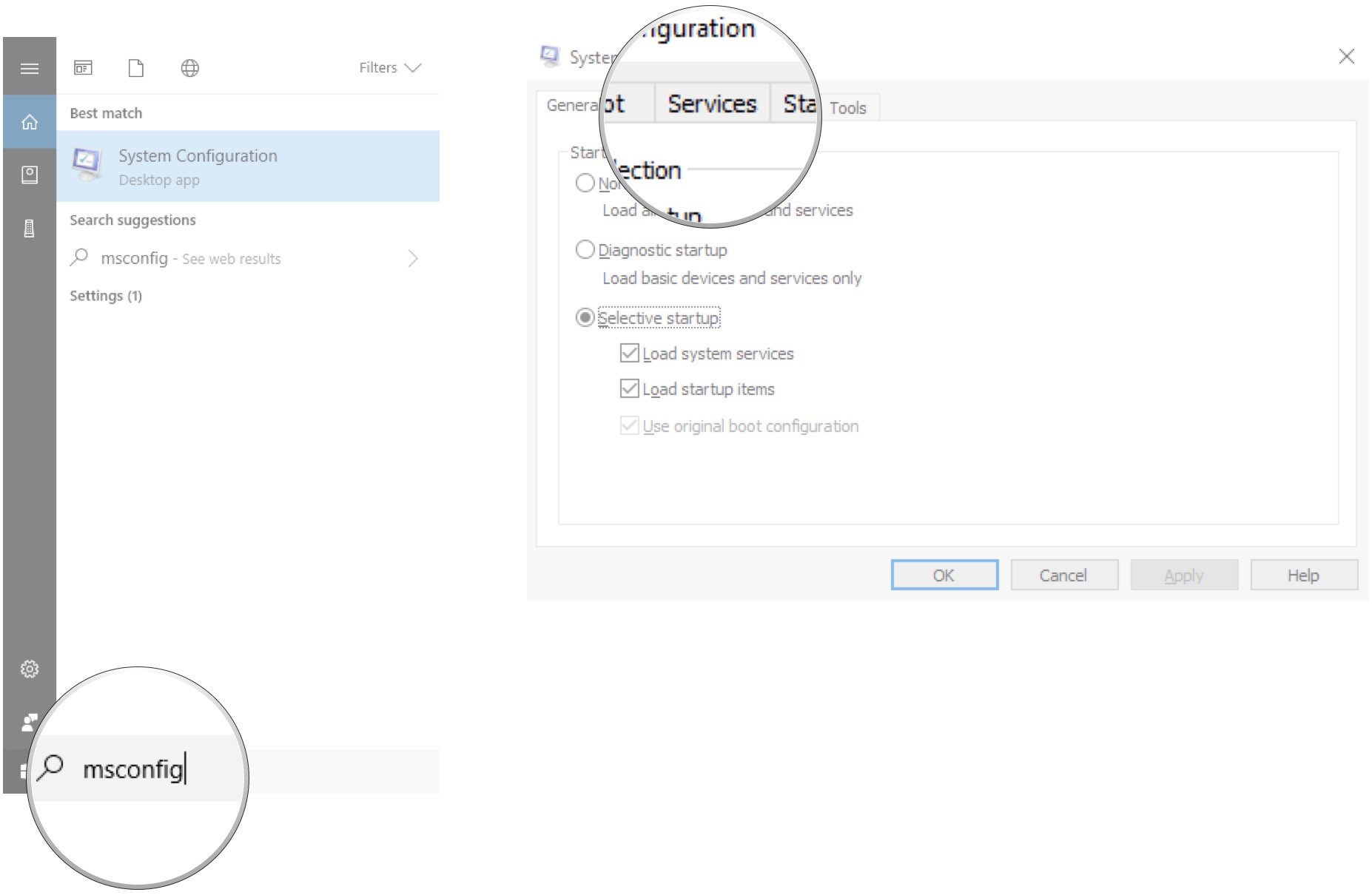 Type msconfig. Click Services.