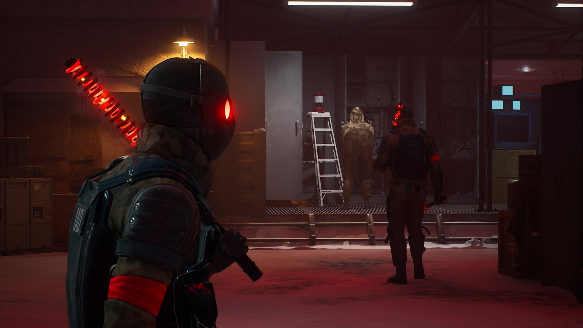Vampire: The Masquerade - Bloodlines 2 screenshot of a masked figure with an illuminated red bat approaching two others who their backs turned