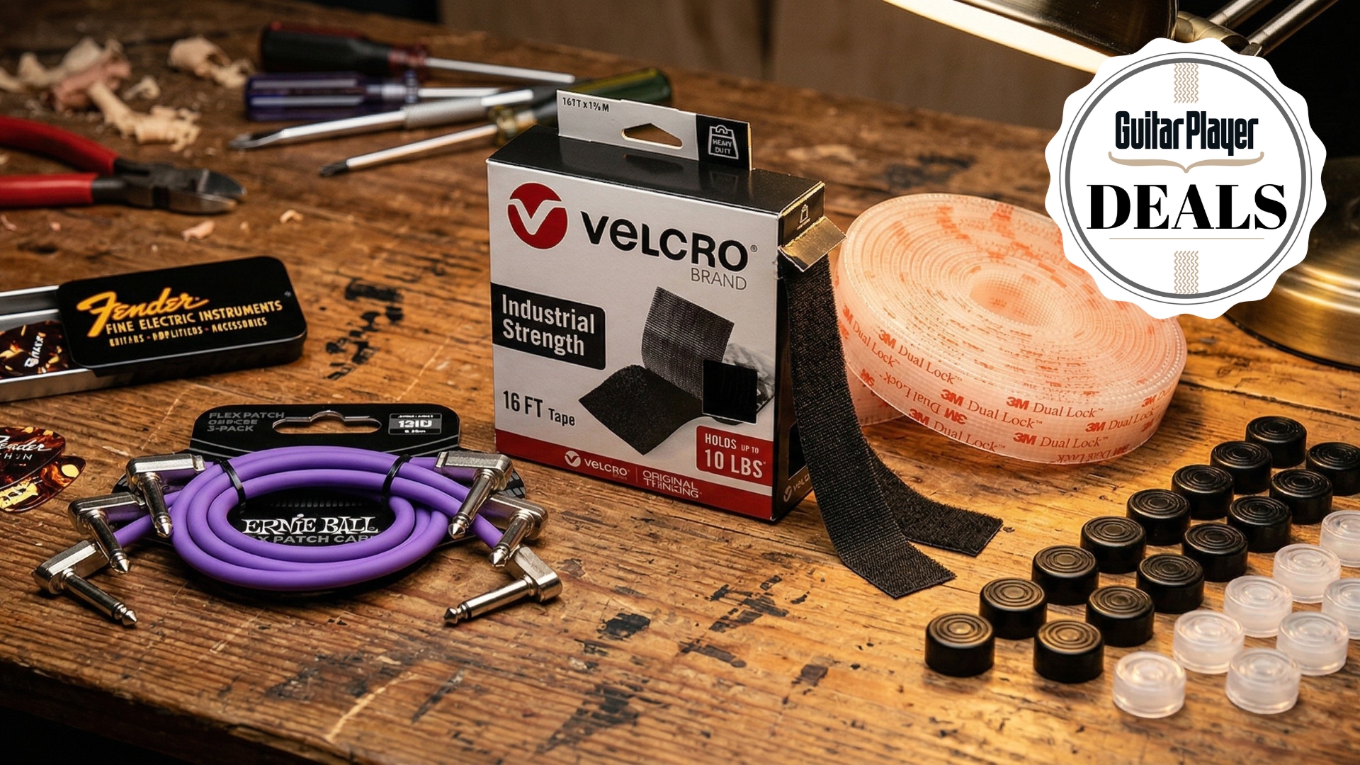 A selection of pedalboard accessories on a workbench