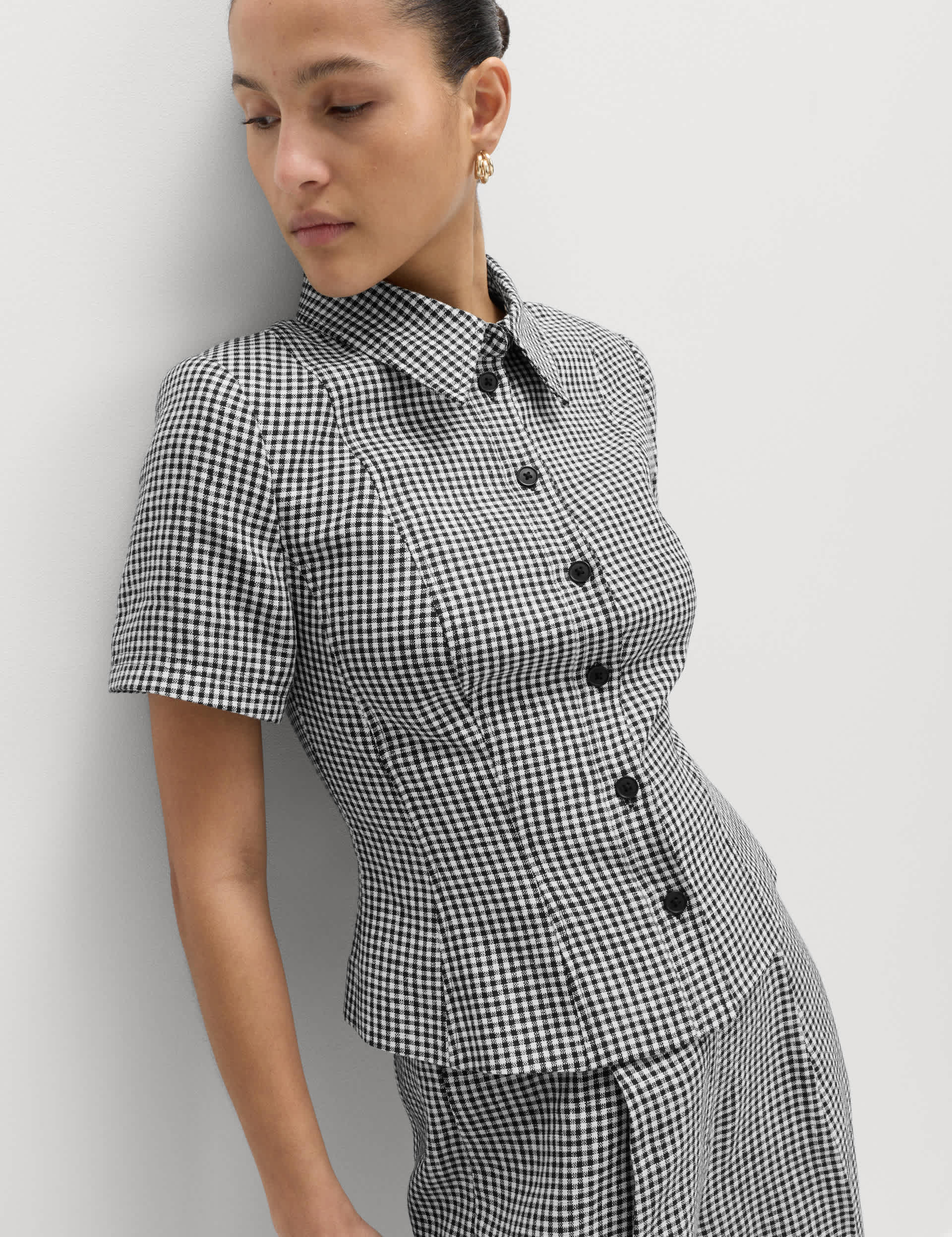 Pure Linen Tailored Checked Collared Jacket