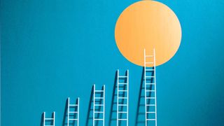 Ladders propped against a blue wall with a sun on