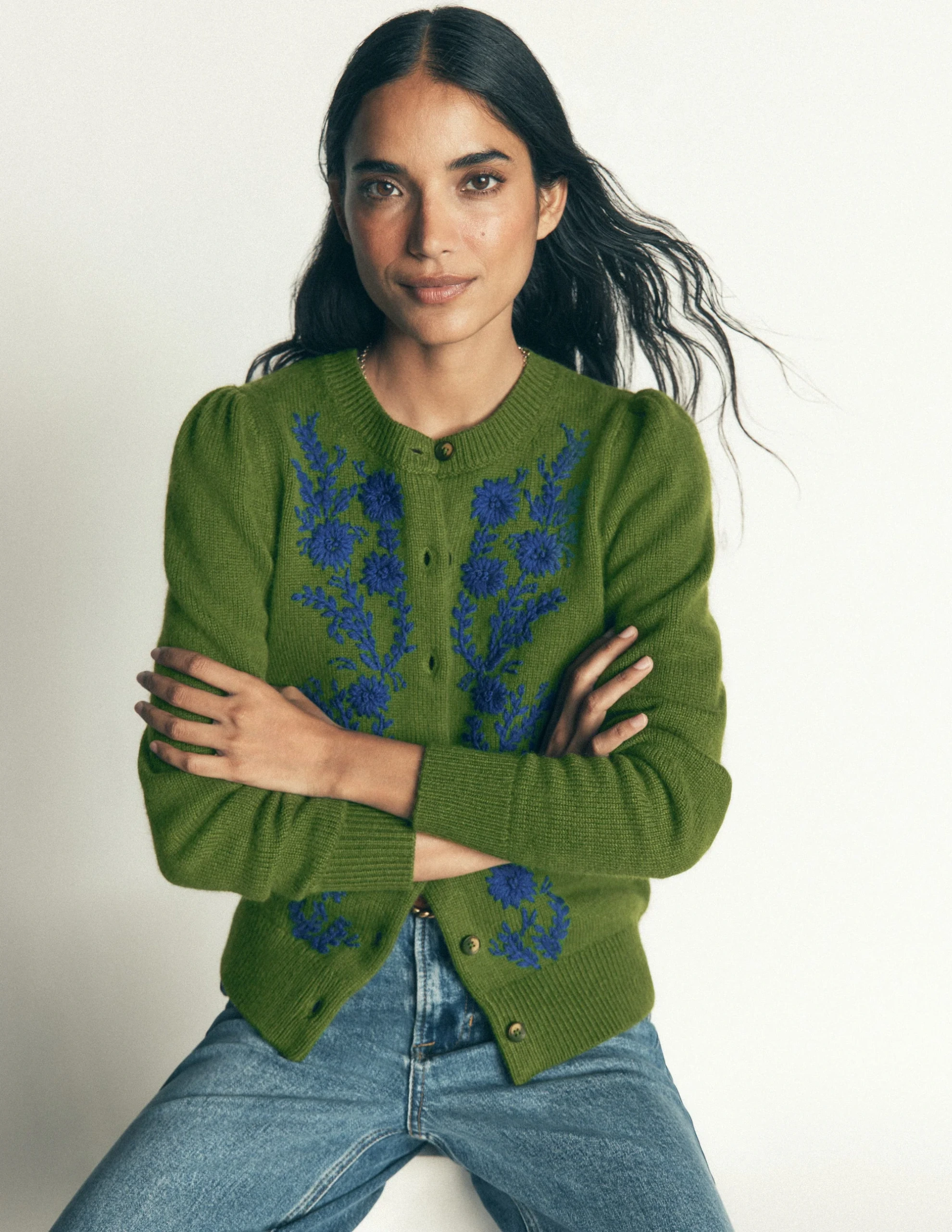 Boden, Embroidered Knitted Cardigan-Chive
