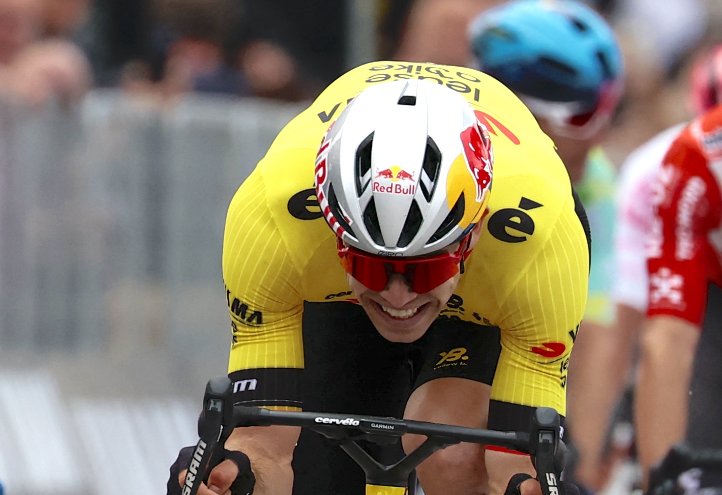 A closeup of Wout van Aert (Visma-Lease a Bike) as he takes second on opening stage of Giro d'Italia to Mads Pedersen (Lidl-Trek)