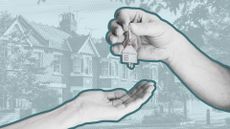 Photo shows terraced house in background with image of person handing over house keys superimposed onto the image.