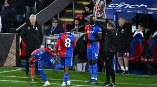 Crystal Palace manager Roy Hodgson pictured with Matheus Franca, Jefferson Lerma and Jean-Philippe Mateta in a second-half substitution in the Premier League defeat to Tottenham in October 2023.