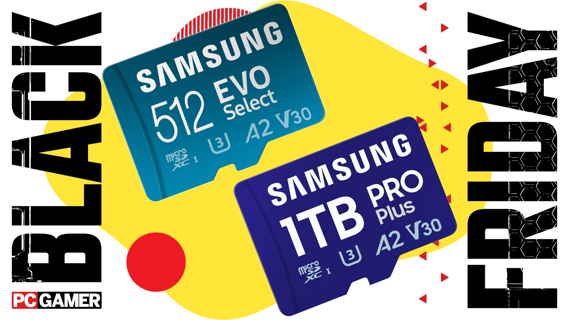 Two Samsung MicroSD cards float in the funky Black Friday deal void.