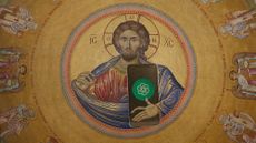 Photo collage of an antique fresco of Jesus, holding a smartphone with the chatGPT logo on it