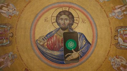Photo collage of an antique fresco of Jesus, holding a smartphone with the chatGPT logo on it