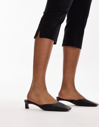 Topshop Audrey Premium Leather Mid Heeled Square Toe Mules in Black