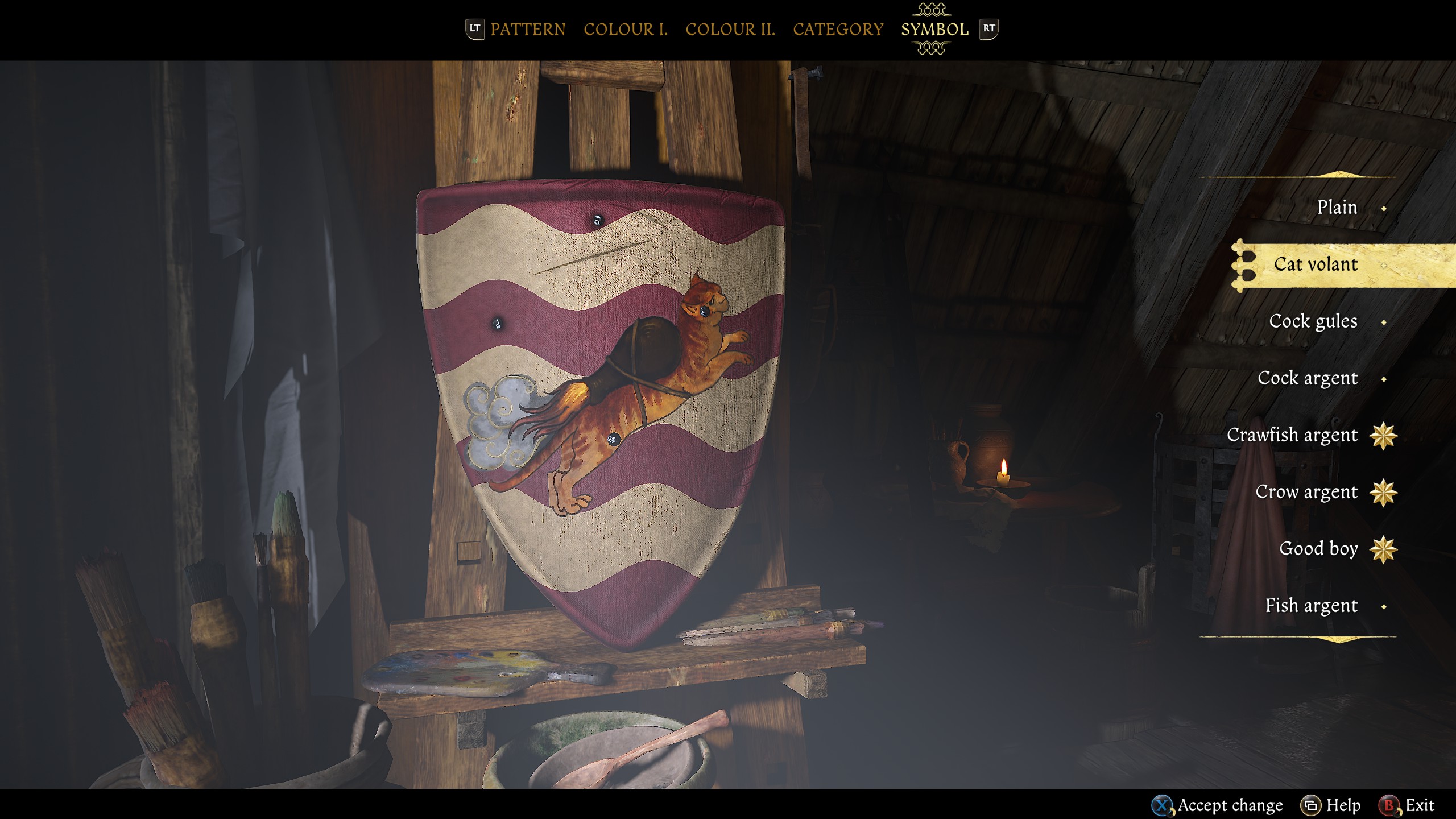 Painting a shield with a rocket-propelled cat.