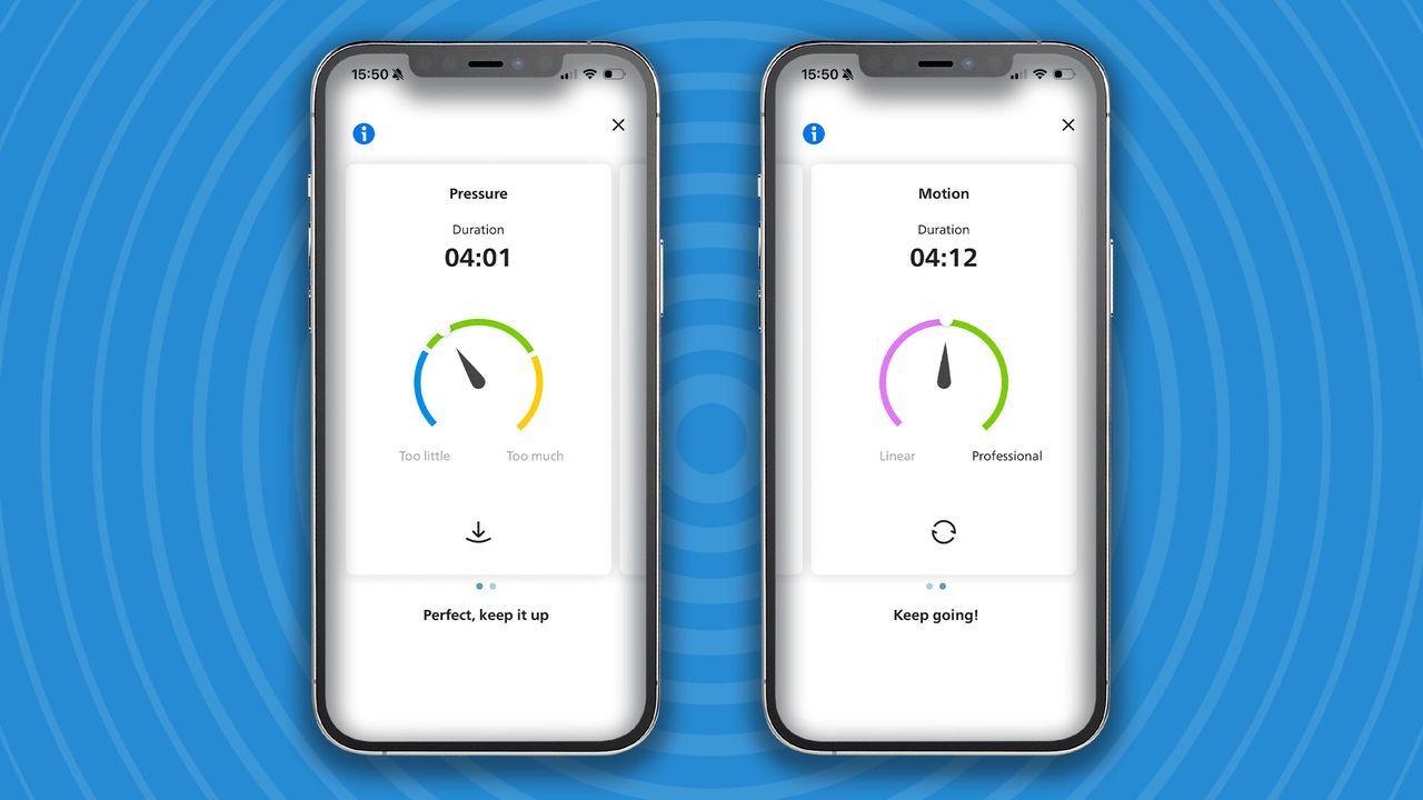 Philips app showing pressure and motion scores from Norelco i9000 Prestige Ultra Day &amp; Night shaver