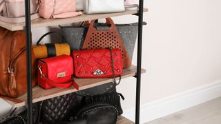 Handbags stored on shelves