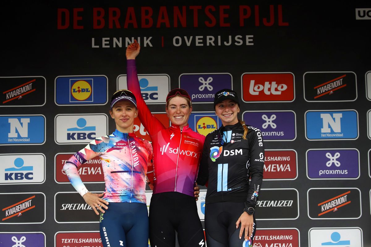 De Brabantse Pijl La Fleche Brabanconne Women 2022 7th Edition SintPietersLeeuw Overijse 1412 km 13042022 Demi Vollering NED Team SD Worx Katarzyna Niewiadoma POL Canyon SRAM Racing Liane Lippert GER Team DSM photo Rafa GomezSprintCyclingAgency2022