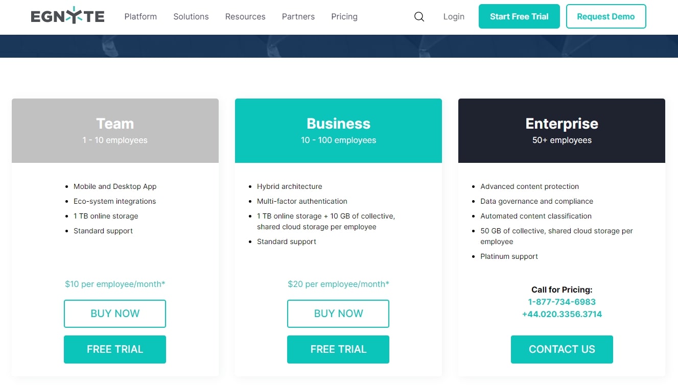 Livedrive for Business vs Egnyte Business vs Box for Business - Egnyte's pricing plans for cloud storage