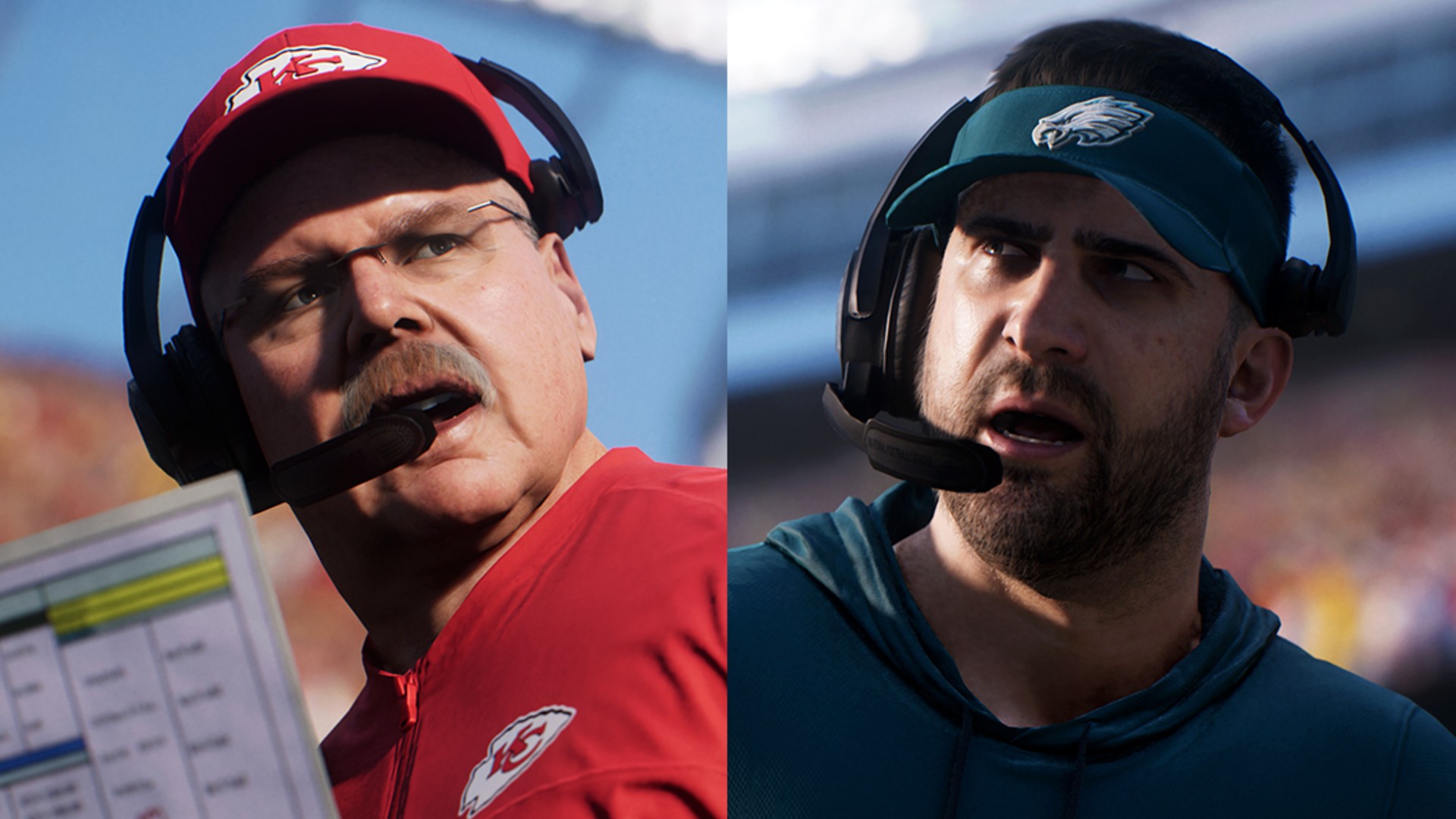 Andy Reid and Nick Sirianni wearing coaching headsets in Madden 26