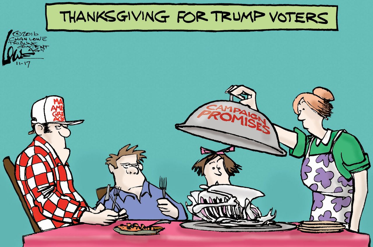 Political cartoon U.S. Thanksgiving holiday Trump empty promises