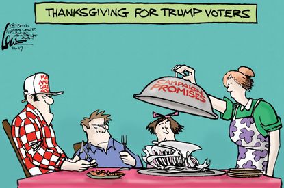 Political cartoon U.S. Thanksgiving holiday Trump empty promises