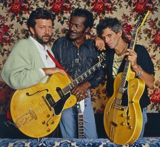 Eric Clapton and Keith Richards and Berry during the filming of the documentary Hail! Hail! Rock ‘N’ Roll in 1986