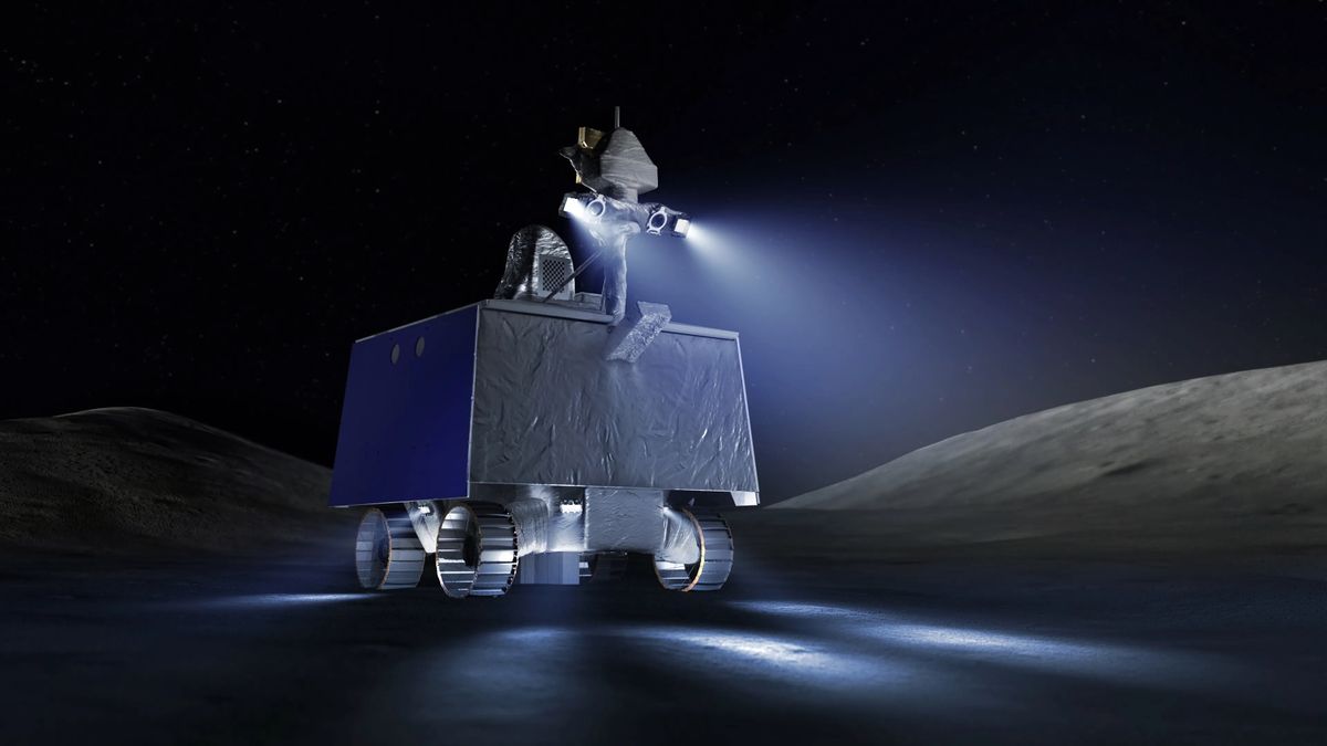 An illustration of the VIPER moon rover (looking like a silvery box with wheels) on the moon.