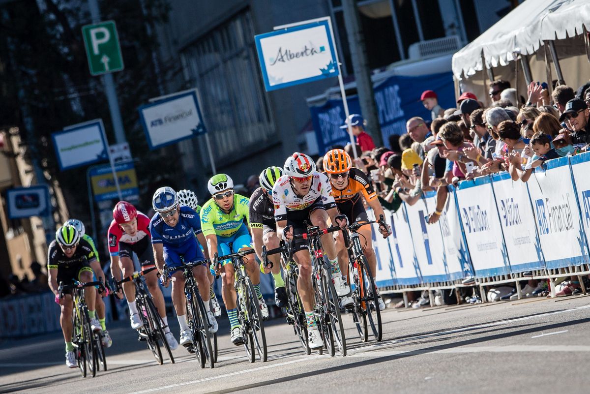 The breakaway rolls through to complete another lap