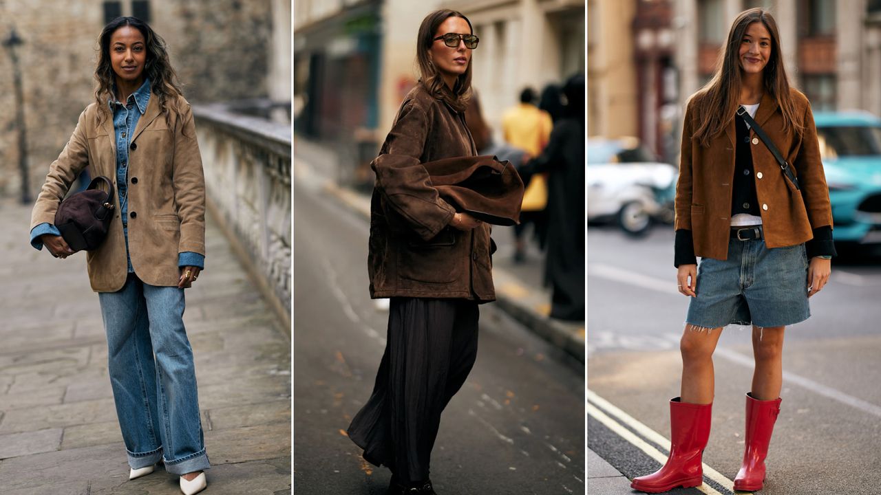 split image of spring summer 2025 fashion week attendees wearing suede jackets and bags