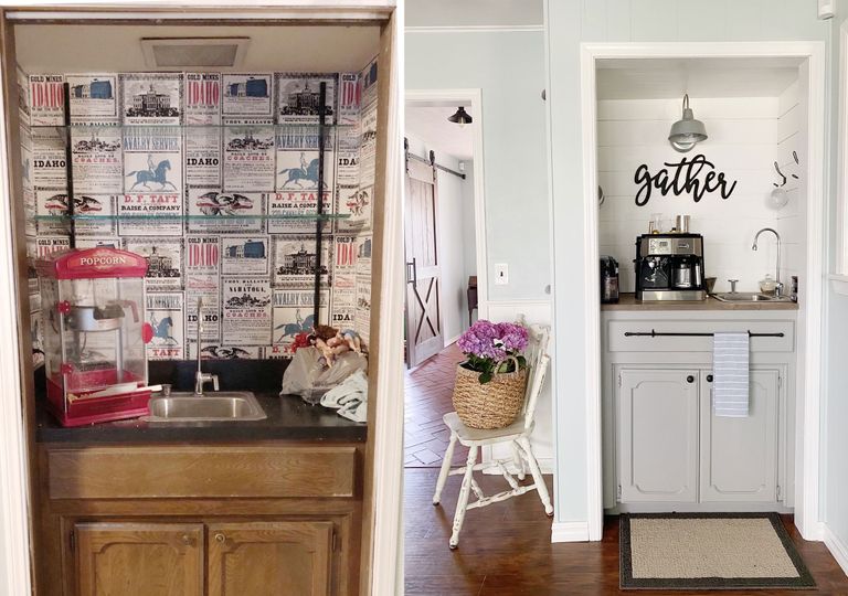 Real Costs: An old wet bar becomes a Farmhouse style coffee nook for $250 |  Real Homes