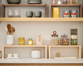 Open shelving in kitchen with food items