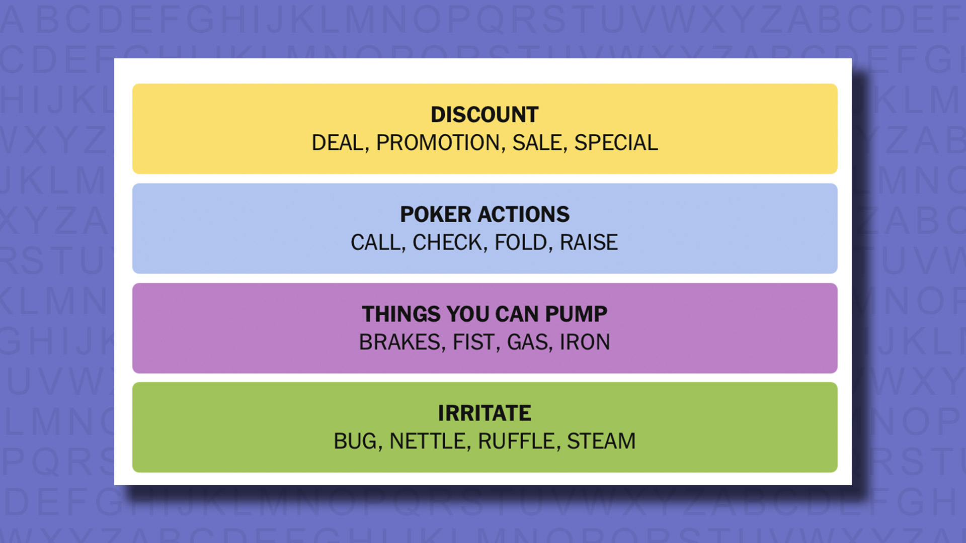NYT Connections answers for game 779 on a purple background