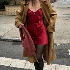 Holiday Outfit Red Dress and Brown Coat