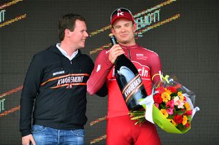 Alexander Kristoff on the podium after winning stage 2 at Three Days of De Panne