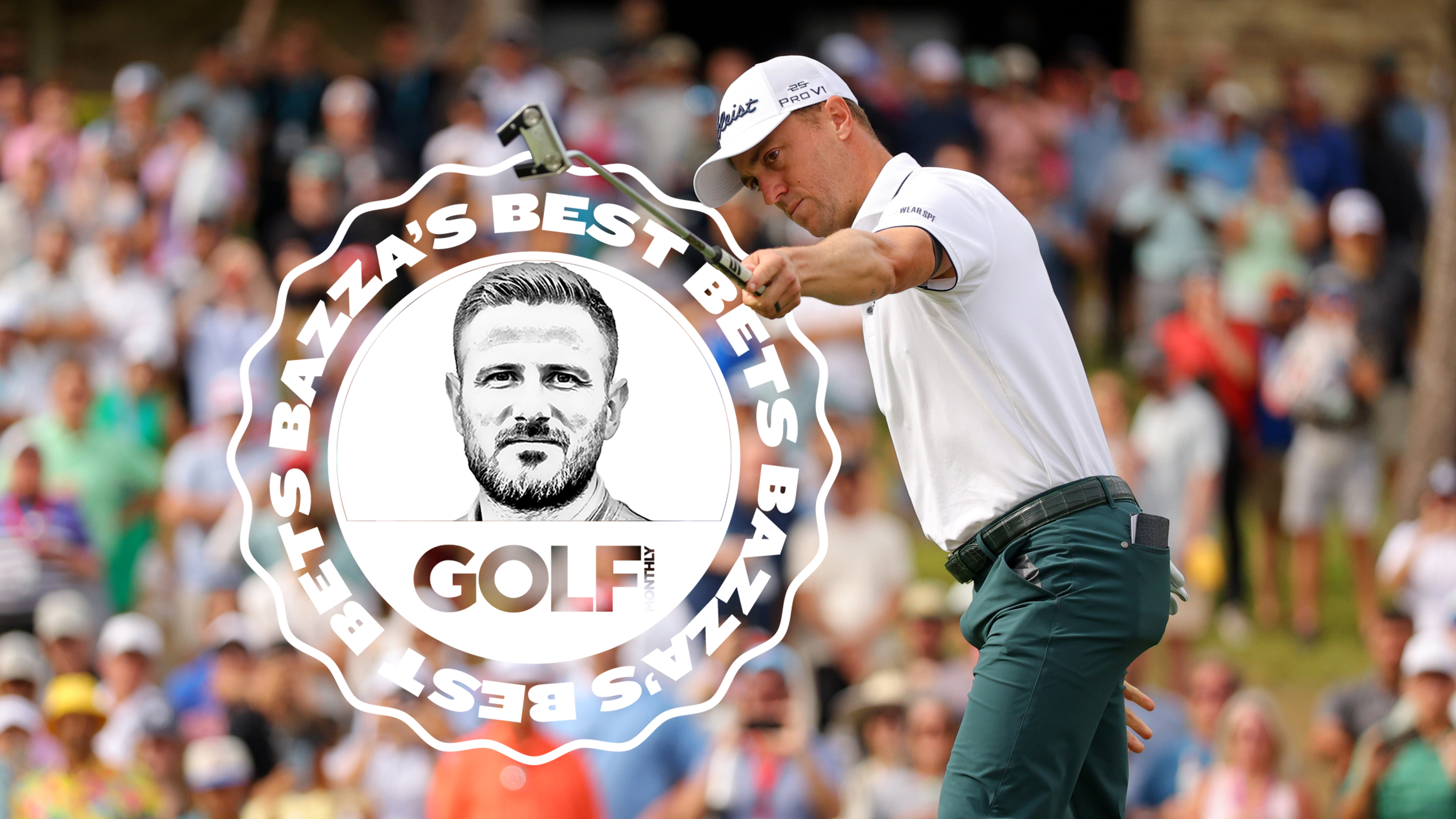 Justin Thomas raising his putter in celebration after making a putt at the Valspar Championship, with an inset image of the bazza's best bets logo