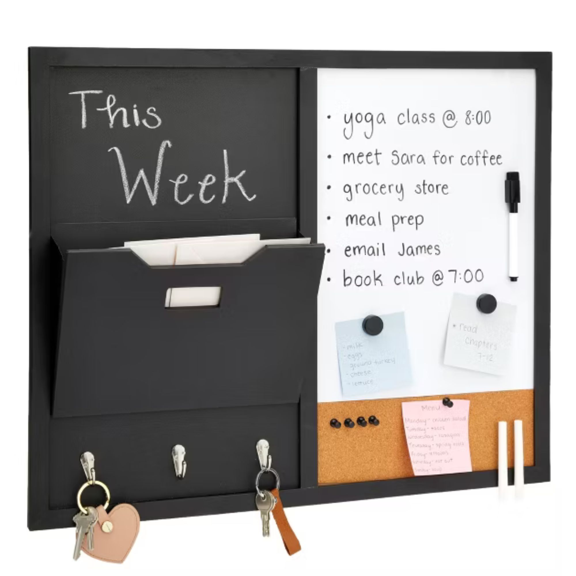 Black wall organizer with section for mail, to hang keys, write on a whiteboard and chalkboard , plus corkboard section with pins