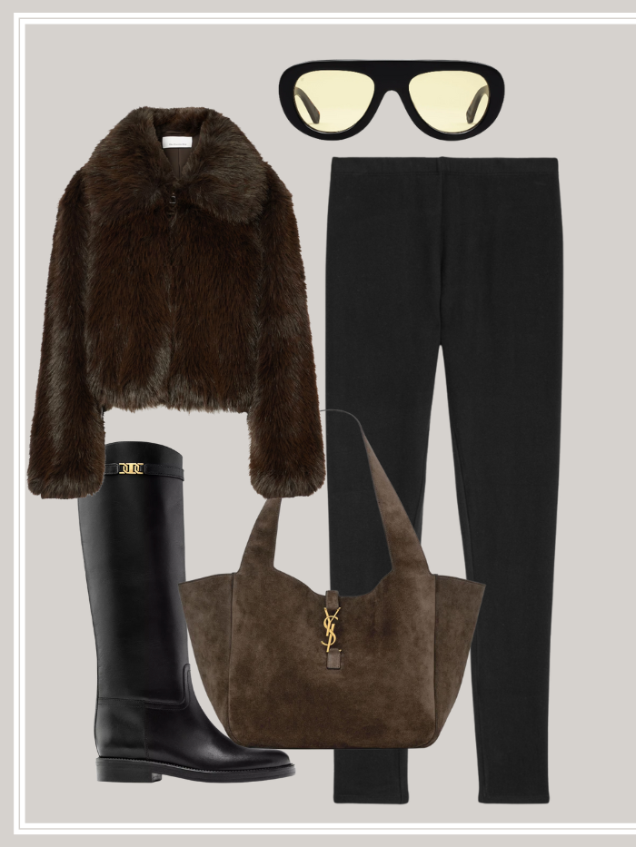 One of five fleece lined leggings look. It includes a fluffy jacket, riding boots, fleece lined leggings and a brown suede tote bag.